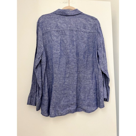 Foxcroft NYC Women’s  Linen Button Down large Blue Split Neck Side Slit Blouse - Picture 6 of 6